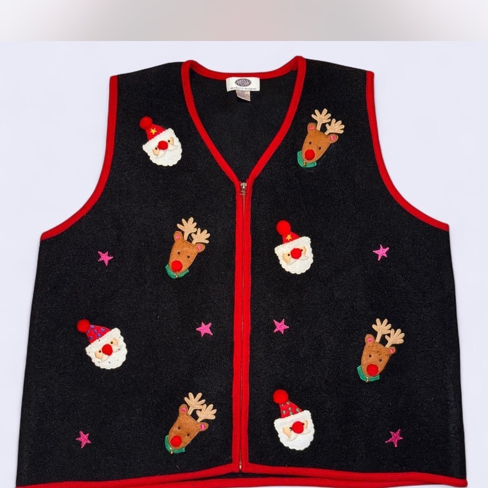 Holiday Black Vest with Red Trim and Festive Motifs